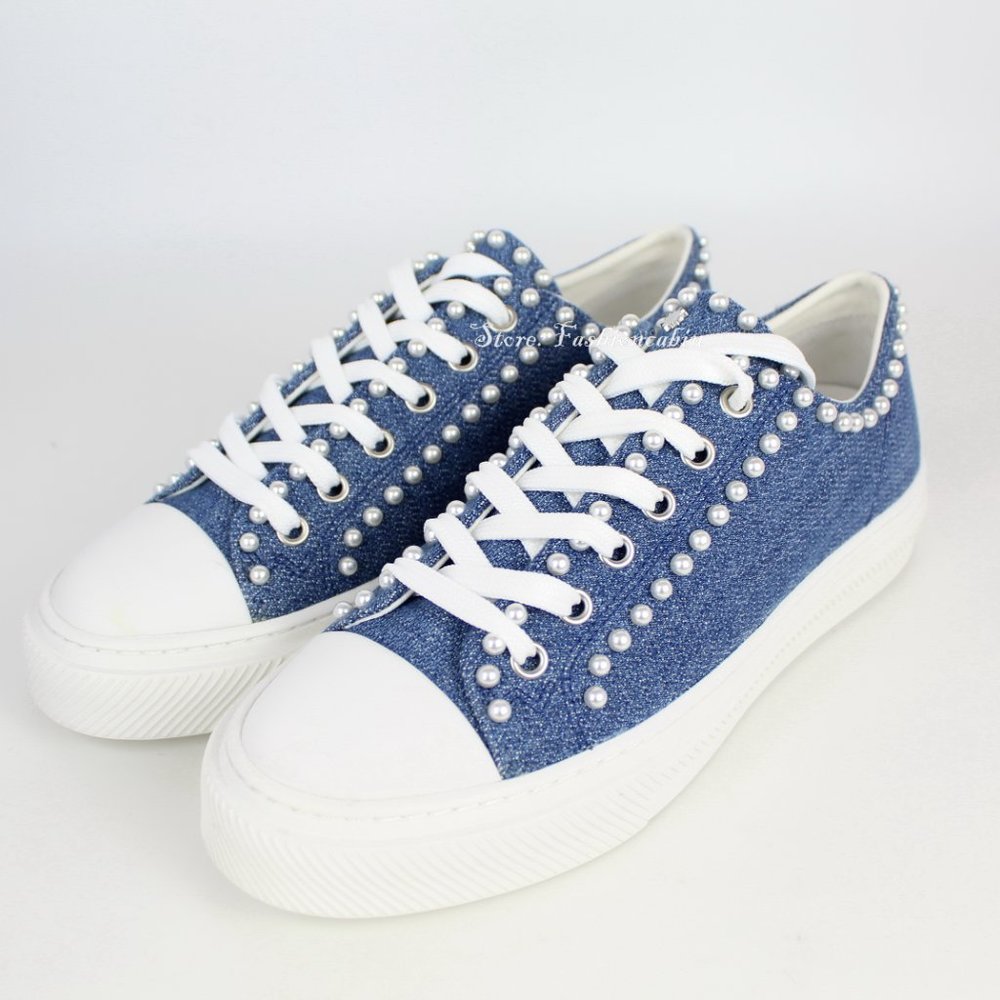 New STUART WEITZMAN Ollie Faux Pearl Studded Lace Up Sneaker, US 8.5
